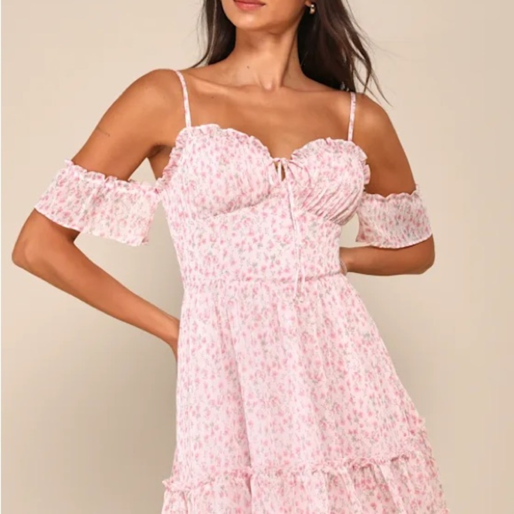 Lulu’s Sweet Feeling Light Pink Floral Cold Shoulder Bustier Mini Dress